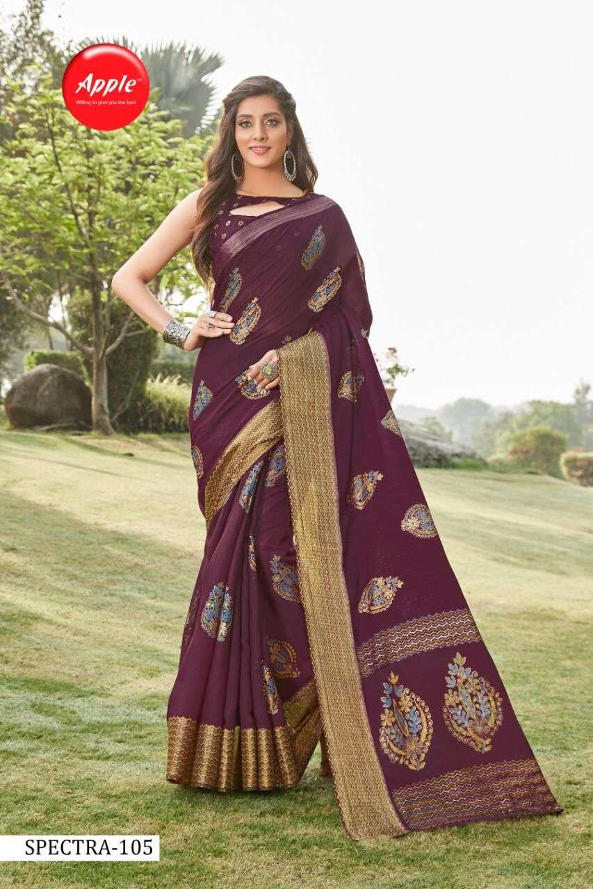 SPECTRA BY APPLE 101 TO 108 SERIES INDIAN TRADITIONAL WEAR COLLECTION BEAUTIFUL STYLISH FANCY COLORFUL PARTY WEAR & OCCASIONAL WEAR SOFT LINEN PRINT SAREES AT WHOLESALE PRICE