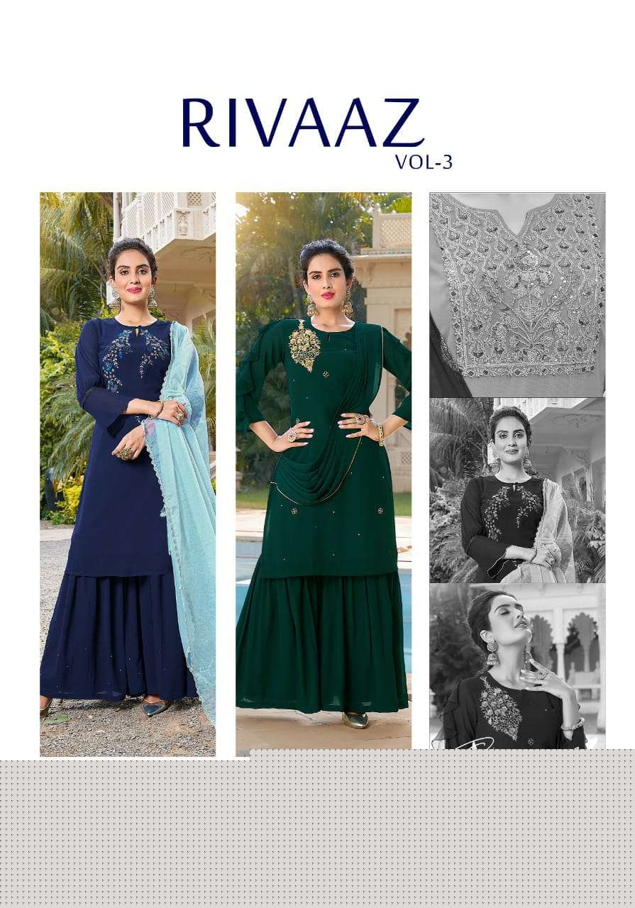 RIVAAZ VOL-3 BY VIVILS PRINT 101 TO 105 SERIES BEAUTIFUL SHARARA SUITS COLORFUL STYLISH FANCY CASUAL WEAR & ETHNIC WEAR PURE GEORGETTE DRESSES AT WHOLESALE PRICE