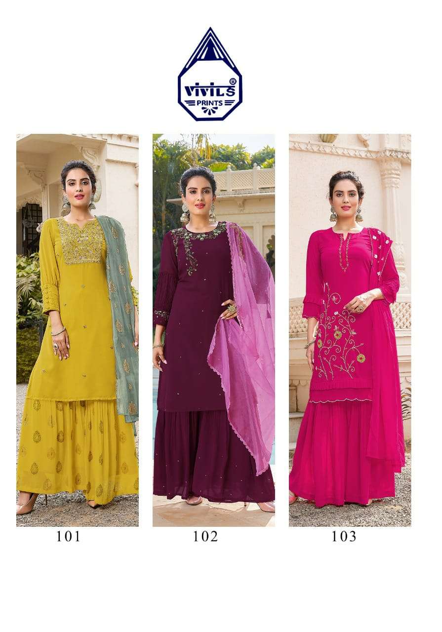 RIVAAZ VOL-3 BY VIVILS PRINT 101 TO 105 SERIES BEAUTIFUL SHARARA SUITS COLORFUL STYLISH FANCY CASUAL WEAR & ETHNIC WEAR PURE GEORGETTE DRESSES AT WHOLESALE PRICE
