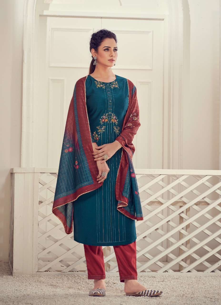 ARYA BY VASTRIKAA 177 TO 182 SERIES BEAUTIFUL SUITS COLORFUL STYLISH FANCY CASUAL WEAR & ETHNIC WEAR HINNON DOBBY EMBROIDERED DRESSES AT WHOLESALE PRICE