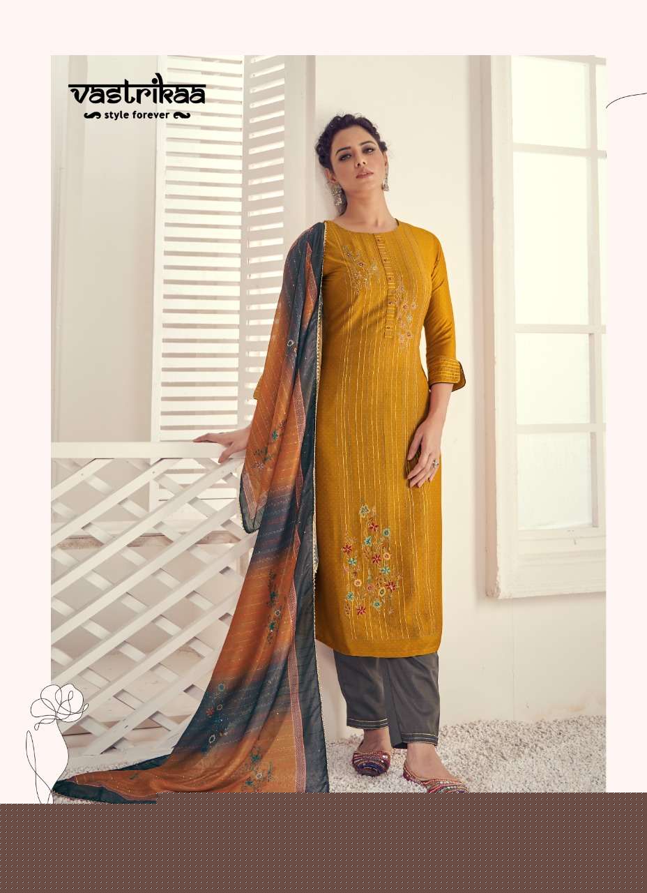 ARYA BY VASTRIKAA 177 TO 182 SERIES BEAUTIFUL SUITS COLORFUL STYLISH FANCY CASUAL WEAR & ETHNIC WEAR HINNON DOBBY EMBROIDERED DRESSES AT WHOLESALE PRICE