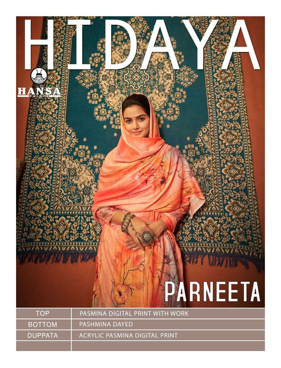 Hidaya Parneeta By Hansa Print 4001 To 4006 Series Beautiful Stylish Suits Fancy Colorful Casual Wear & Ethnic Wear & Ready To Wear Pashmina Digital Printed With Handwork Dresses At Wholesale Price