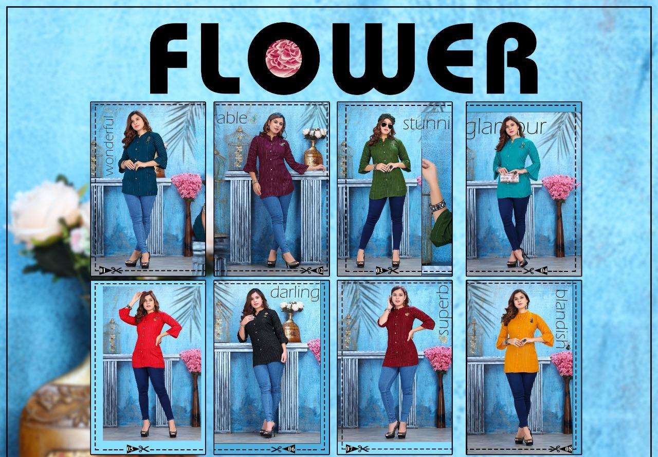 FLOWER BY BEAUTY QUEEN 01 TO 08 SERIES BEAUTIFUL STYLISH FANCY COLORFUL CASUAL WEAR & ETHNIC WEAR HEAVY RAYON EMBROIDERED TOPS AT WHOLESALE PRICE