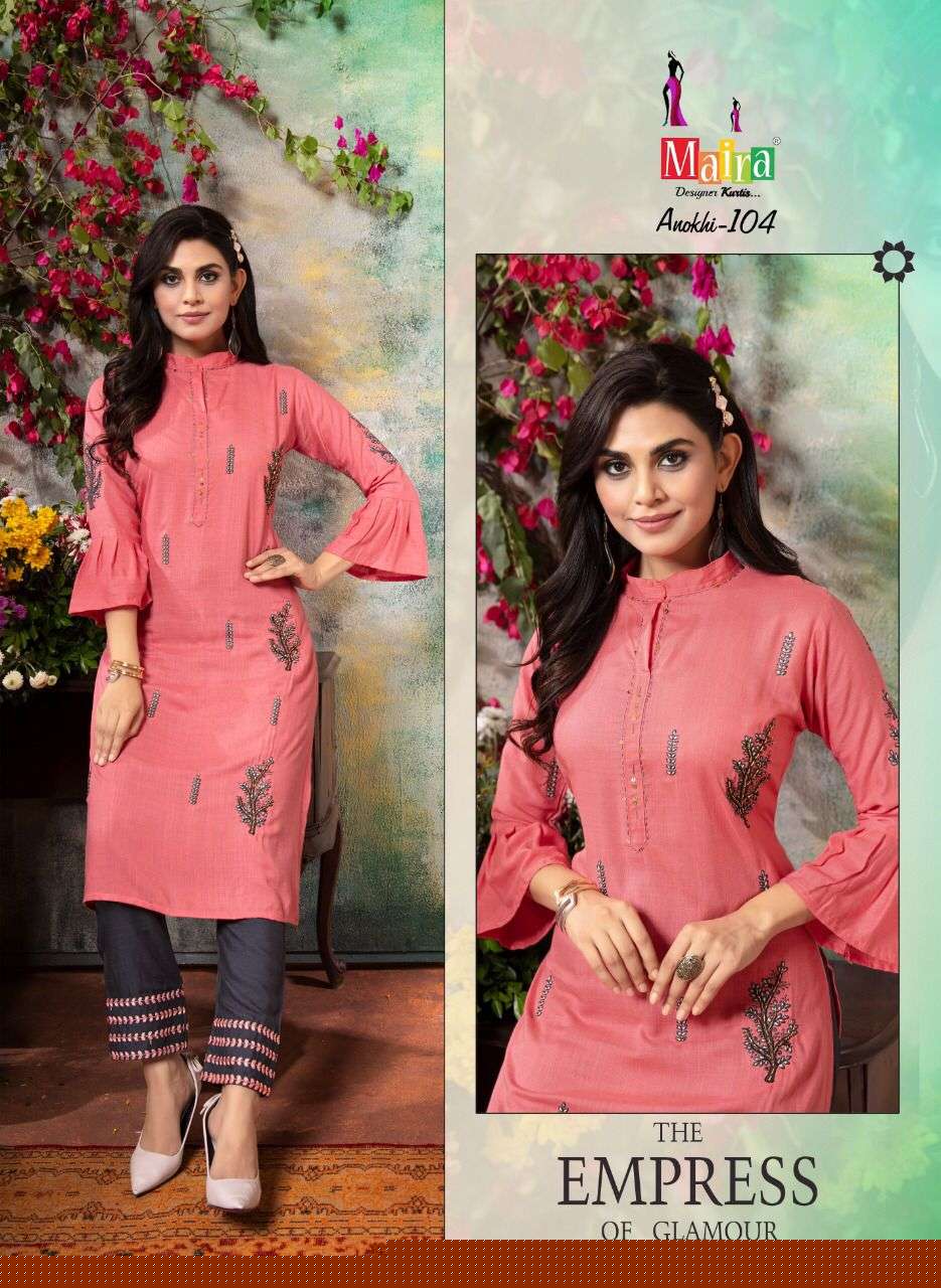 ANOKHI BY MAIRA 101 TO 108 SERIES DESIGNER STYLISH FANCY COLORFUL BEAUTIFUL PARTY WEAR & ETHNIC WEAR COLLECTION HEAVY RAYON SLUB KURTIS WITH BOTTOM AT WHOLESALE PRICE