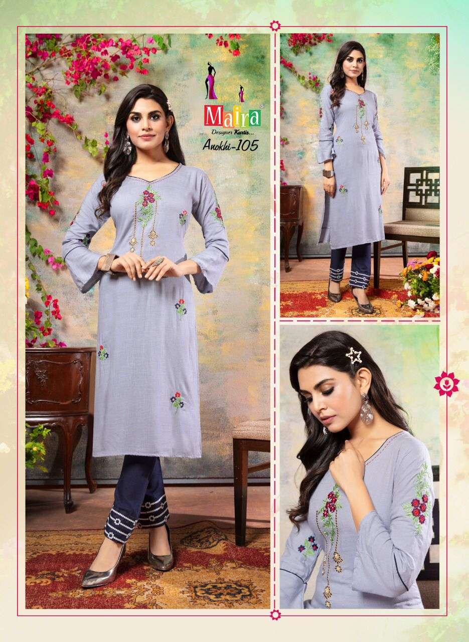 ANOKHI BY MAIRA 101 TO 108 SERIES DESIGNER STYLISH FANCY COLORFUL BEAUTIFUL PARTY WEAR & ETHNIC WEAR COLLECTION HEAVY RAYON SLUB KURTIS WITH BOTTOM AT WHOLESALE PRICE