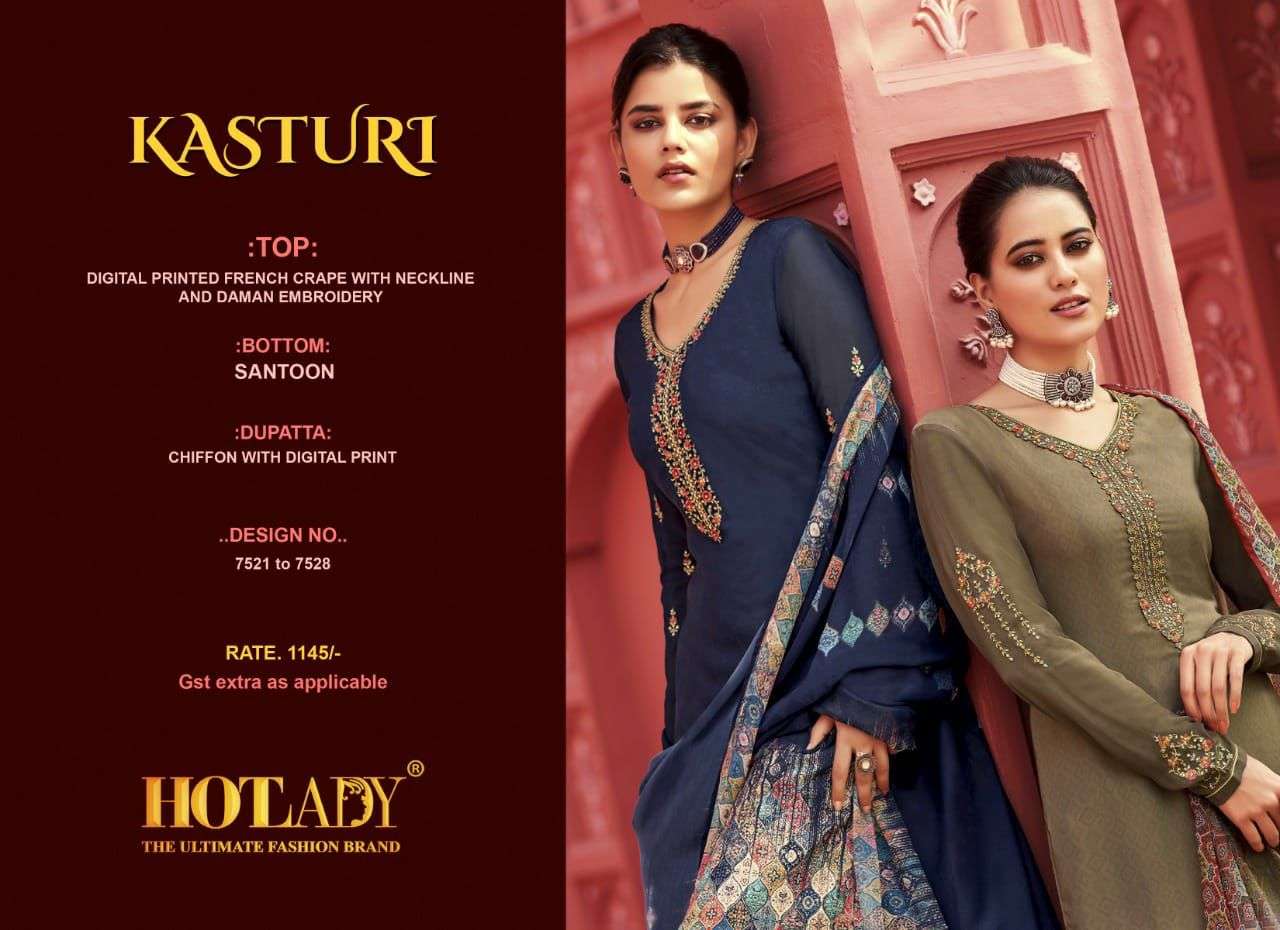 KASTURI BY HOT LADY 7521 TO 7528 SERIES BEAUTIFUL STYLISH SHARARA SUITS FANCY COLORFUL CASUAL WEAR & ETHNIC WEAR & READY TO WEAR CREPE DIGITAL PRINT DRESSES AT WHOLESALE PRICE