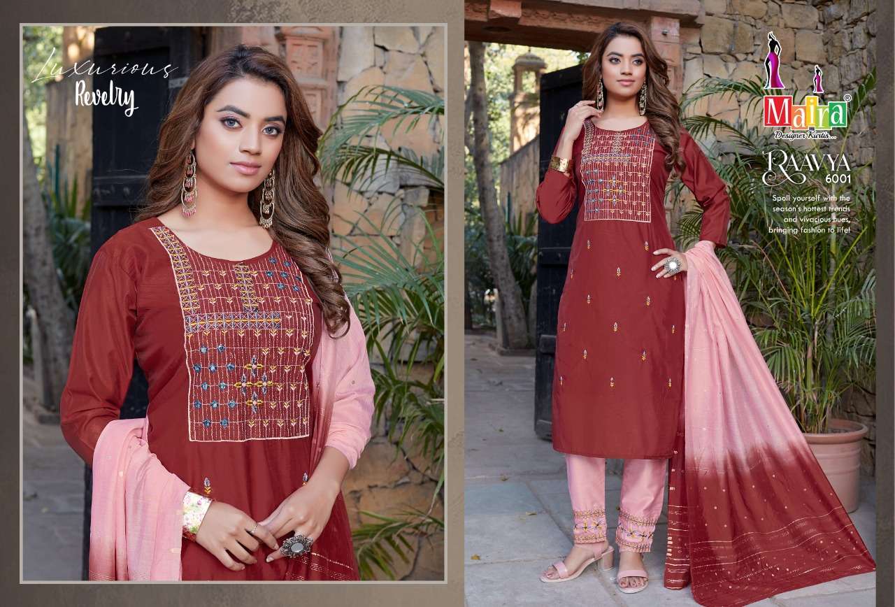 RAAVYA VOL-6 BY MAIRA 6001 TO 6008 SERIES BEAUTIFUL SUITS COLORFUL STYLISH FANCY CASUAL WEAR & ETHNIC WEAR HEAVY SILK DRESSES AT WHOLESALE PRICE