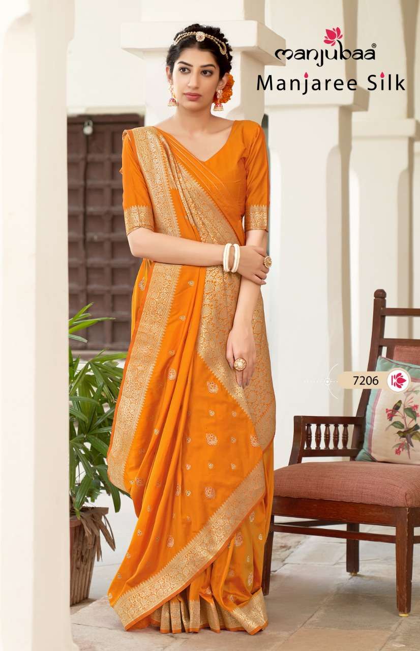 MANJAREE SILK BY MANJUBAA CLOTHING 7201 TO 7208 SERIES INDIAN TRADITIONAL WEAR COLLECTION BEAUTIFUL STYLISH FANCY COLORFUL PARTY WEAR & OCCASIONAL WEAR SOFT SILK SAREES AT WHOLESALE PRICE