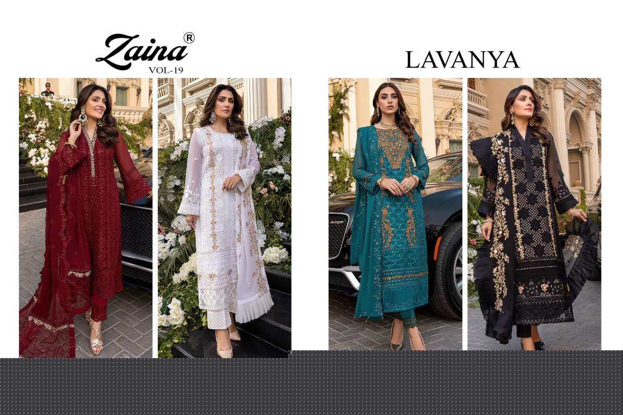 ZAINA VOL-19 BY PRIYAM 2101 TO 2104 SERIES DESIGNER PAKISTANI SUITS BEAUTIFUL STYLISH FANCY COLORFUL PARTY WEAR & OCCASIONAL WEAR FAUX GEORGETTE DRESSES AT WHOLESALE PRICE