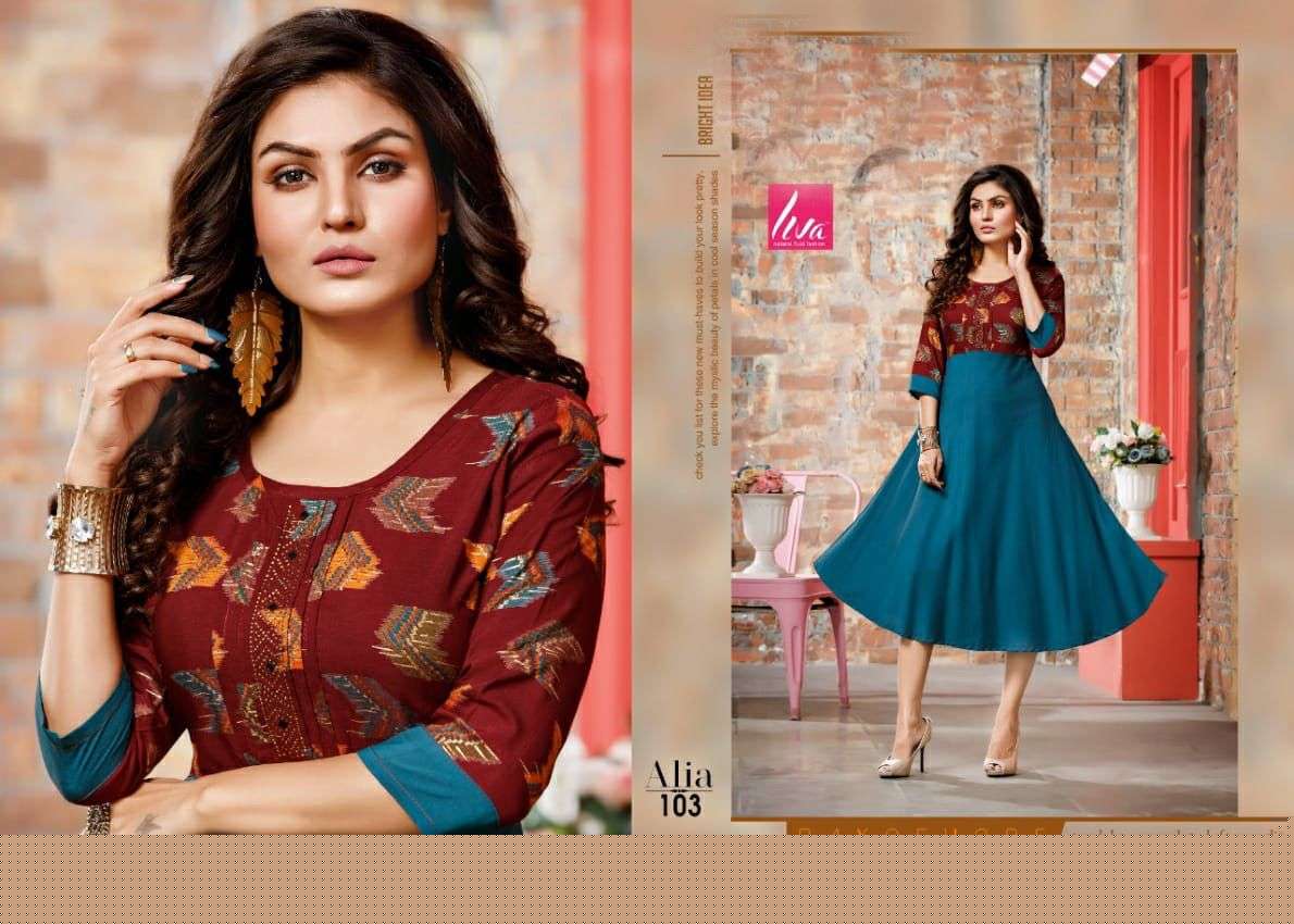 ALIA BY LIVA 101 TO 106 SERIES DESIGNER STYLISH FANCY COLORFUL BEAUTIFUL PARTY WEAR & ETHNIC WEAR COLLECTION RAYON MUSLIN KURTIS AT WHOLESALE PRICE