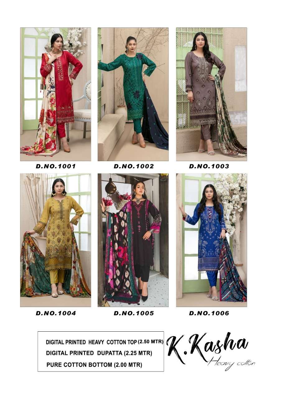 K.KASHA BY KEVAL FAB 1001 TO 1006 SERIES BEAUTIFUL SUITS COLORFUL STYLISH FANCY CASUAL WEAR & ETHNIC WEAR HEAVY COTTON PRINT DRESSES AT WHOLESALE PRICE