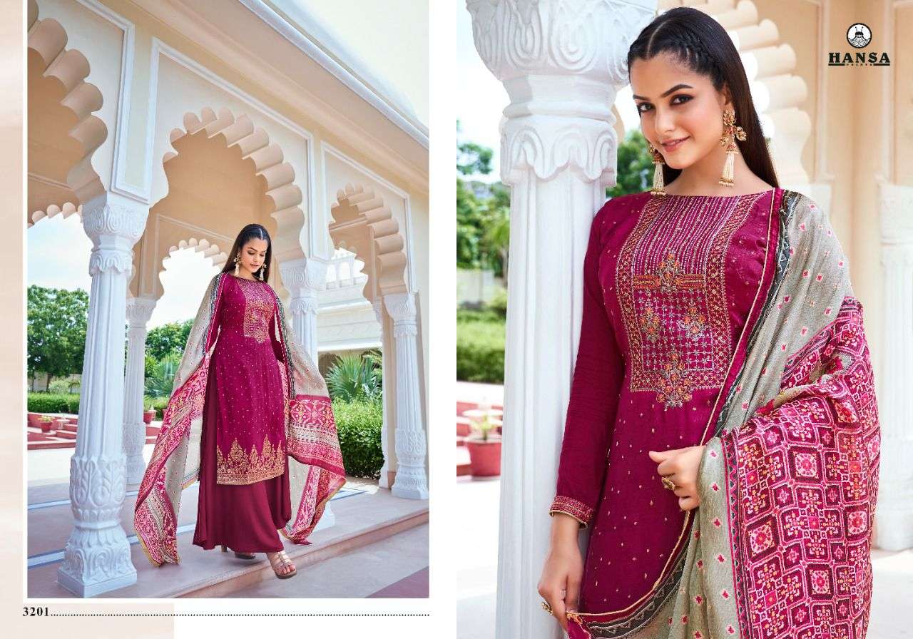 VAISHNAVI BY HANSA PRINTS 3201 TO 3206 SERIES BEAUTIFUL STYLISH SUITS FANCY COLORFUL CASUAL WEAR & ETHNIC WEAR & READY TO WEAR DOLA SILK JACQUARD DRESSES AT WHOLESALE PRICE