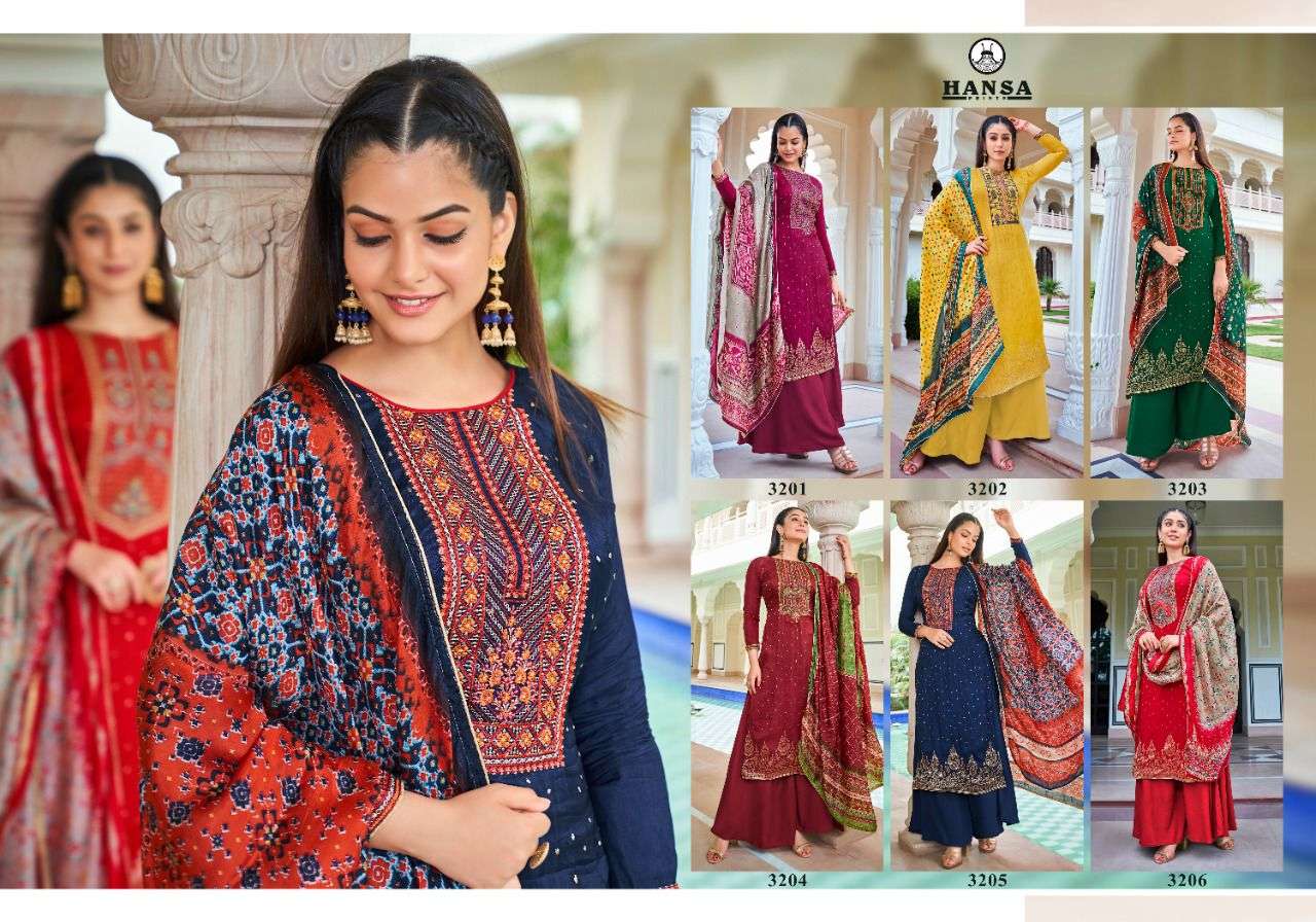 VAISHNAVI BY HANSA PRINTS 3201 TO 3206 SERIES BEAUTIFUL STYLISH SUITS FANCY COLORFUL CASUAL WEAR & ETHNIC WEAR & READY TO WEAR DOLA SILK JACQUARD DRESSES AT WHOLESALE PRICE