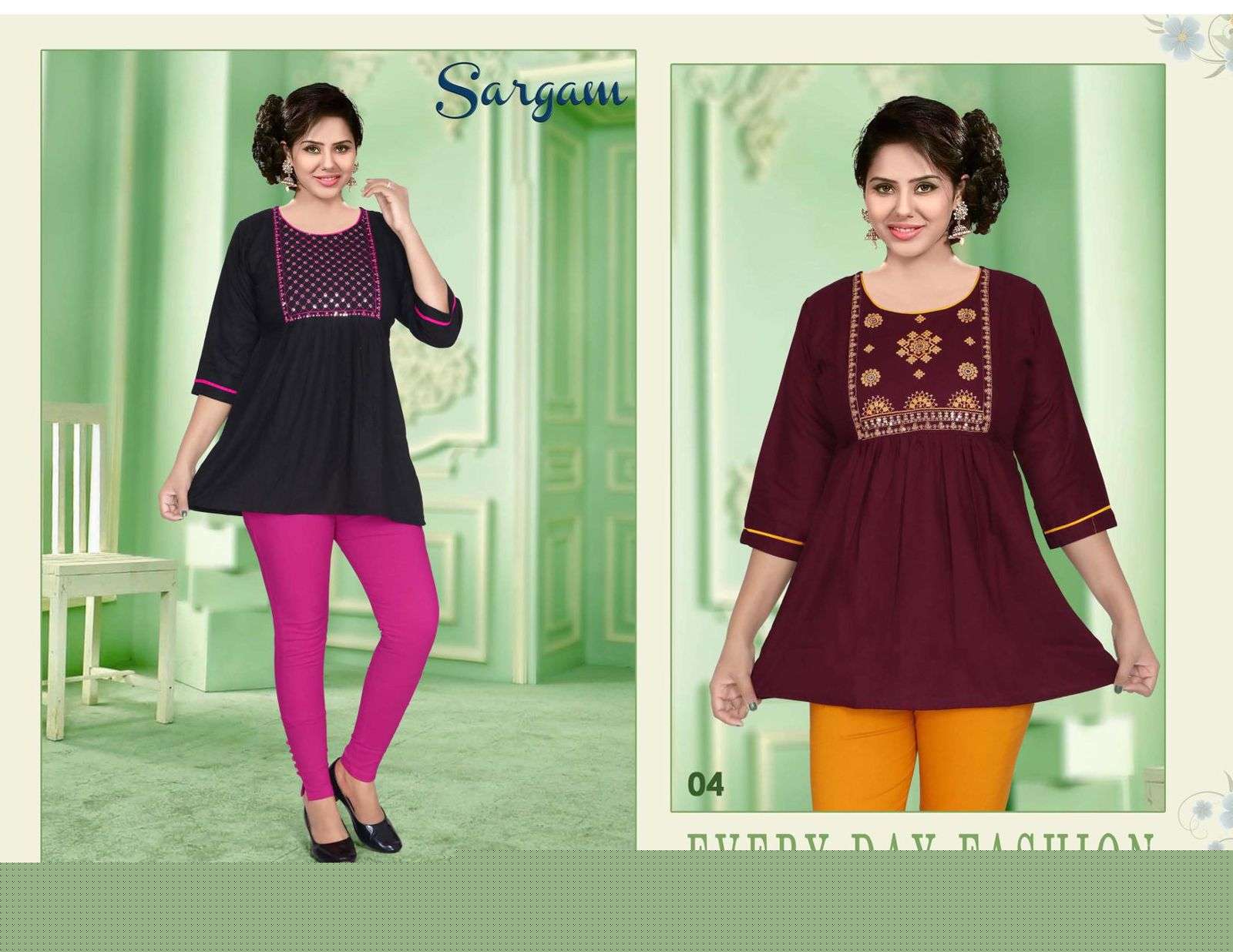 SARGAM BY TRENDY 01 TO 10 SERIES BEAUTIFUL STYLISH FANCY COLORFUL CASUAL WEAR & ETHNIC WEAR RAYON WITH WORK TOPS AT WHOLESALE PRICE