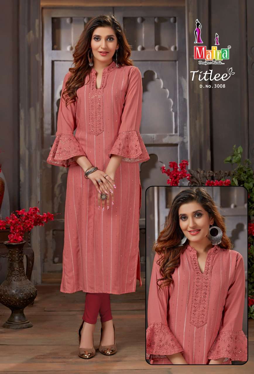 TITLEE VOL-3 BY MAIRA 3001 TO 3008 SERIES DESIGNER STYLISH FANCY COLORFUL BEAUTIFUL PARTY WEAR & ETHNIC WEAR COLLECTION HEAVY RAYON EMBROIDERY KURTIS AT WHOLESALE PRICE