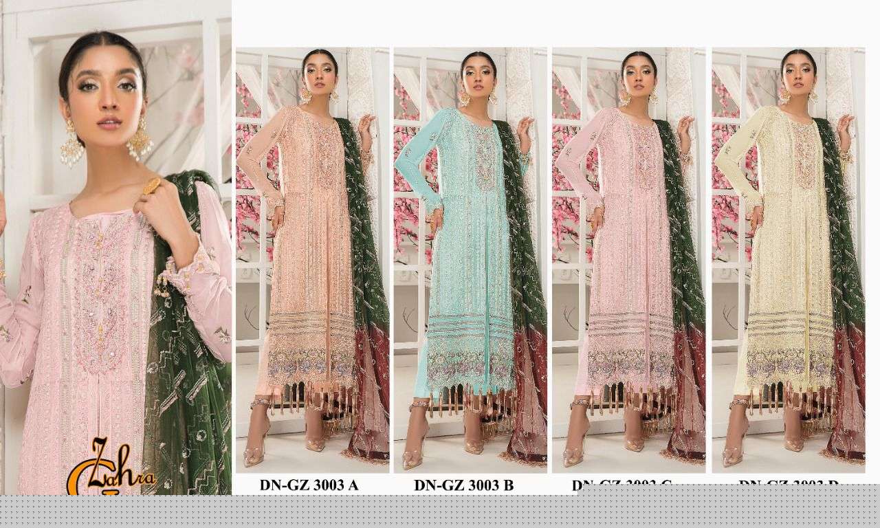 G ZAHRA HIT DESIGN 3003 COLOURS BY FASHID WHOLESALE 3003-A TO 3003-D SERIES Z DESIGNER PAKISTANI SUITS BEAUTIFUL FANCY COLORFUL STYLISH PARTY WEAR & OCCASIONAL WEAR FAUX GEORGETTE WITH EMBROIDERY DRESSES AT WHOLESALE PRICE