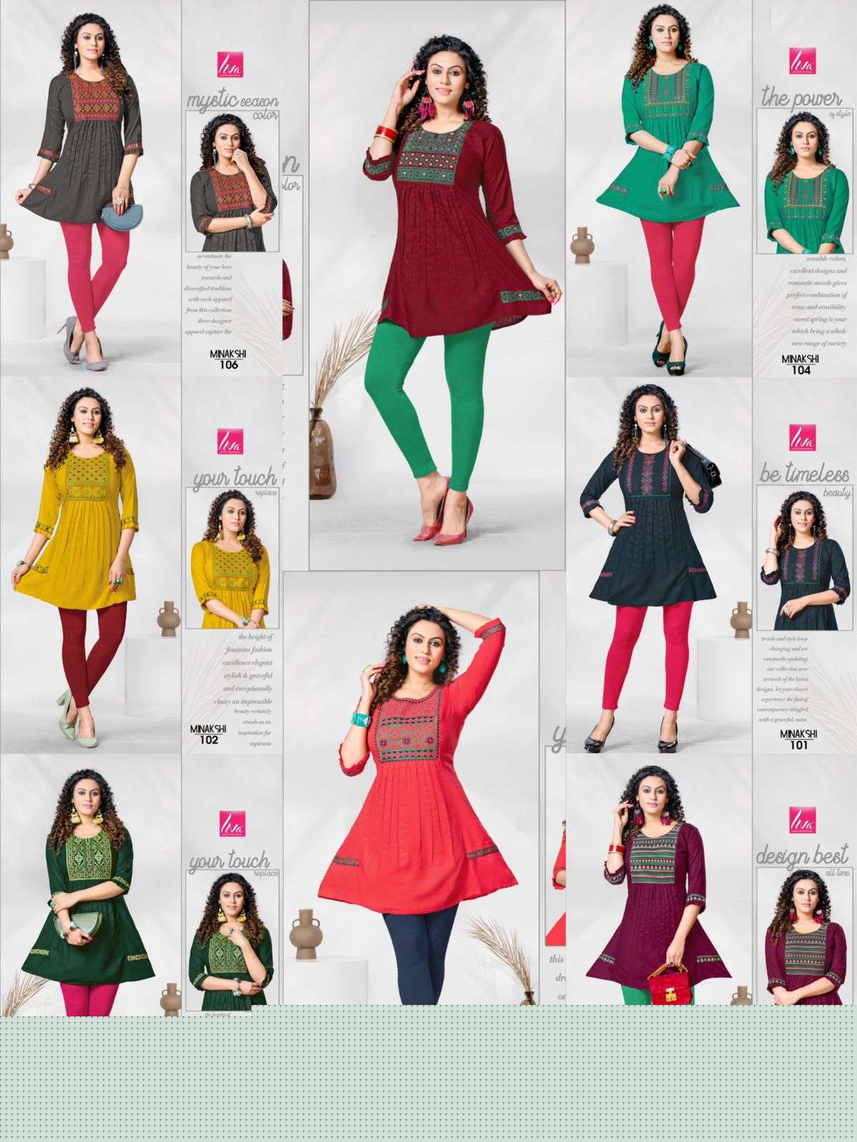 MINAKSHI BY LIVA 101 TO 108 SERIES BEAUTIFUL STYLISH FANCY COLORFUL CASUAL WEAR & ETHNIC WEAR HEAVY RAYON EMBROIDERED TOPS AT WHOLESALE PRICE
