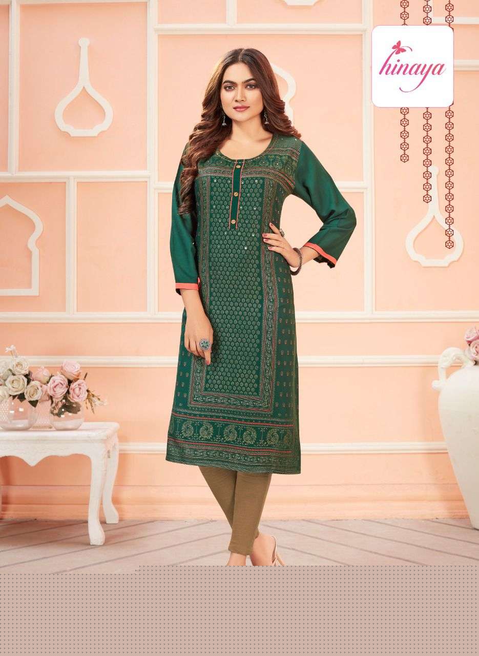 TIARA VOL-6 BY HINAYA 6001 TO 6008 SERIES DESIGNER STYLISH FANCY COLORFUL BEAUTIFUL PARTY WEAR & ETHNIC WEAR COLLECTION RAYON EMBROIDERY KURTIS AT WHOLESALE PRICE