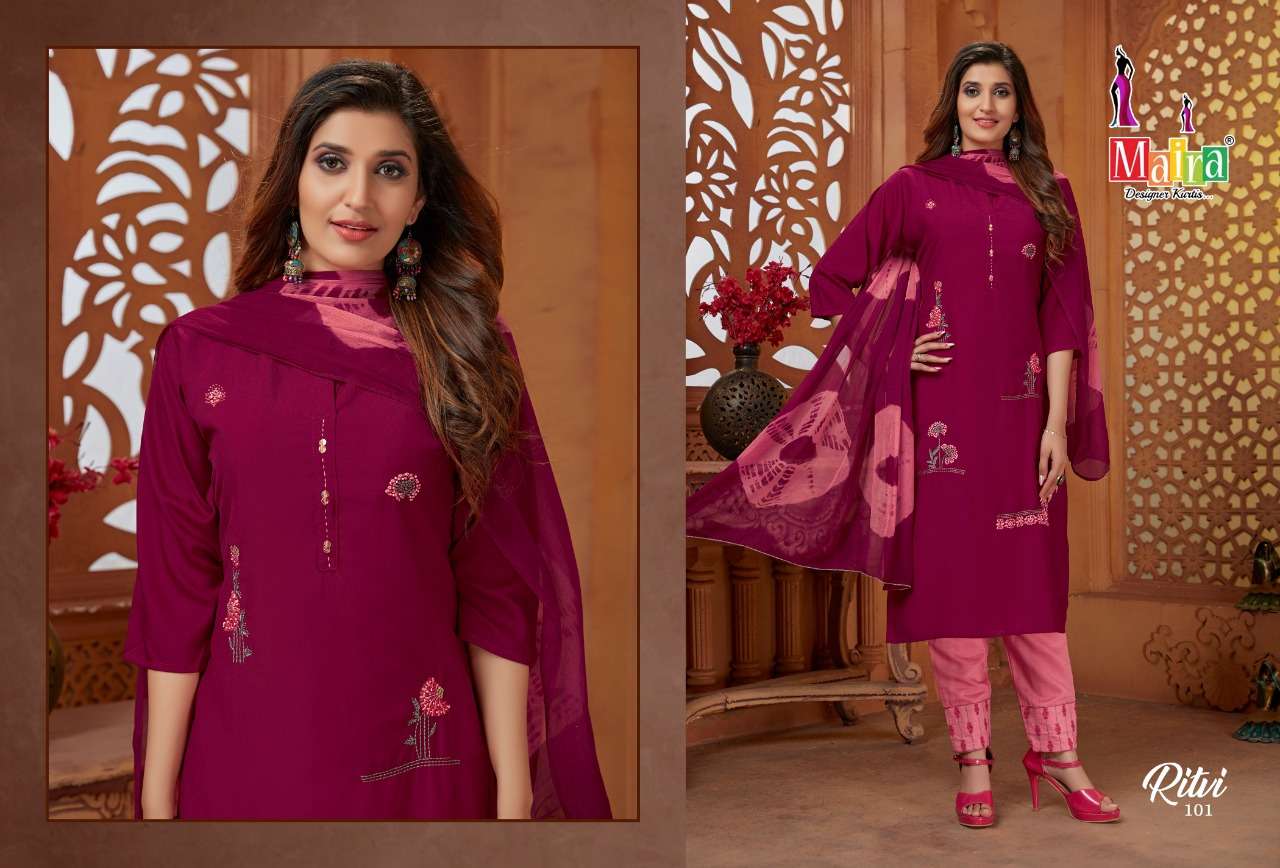 RITVI BY MAIRA 101 TO 108 SERIES BEAUTIFUL SUITS COLORFUL STYLISH FANCY CASUAL WEAR & ETHNIC WEAR HEAVY SILK DRESSES AT WHOLESALE PRICE