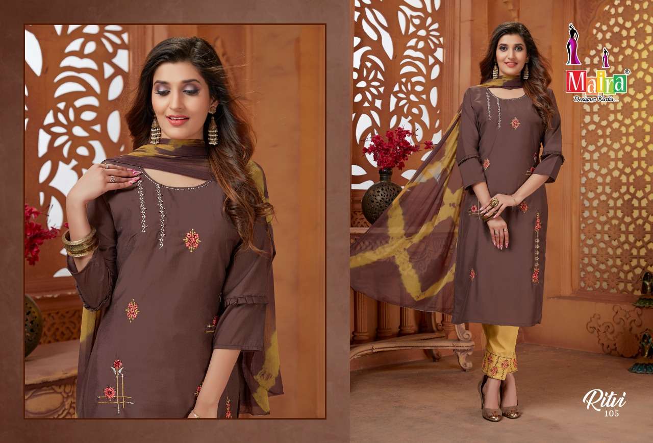 RITVI BY MAIRA 101 TO 108 SERIES BEAUTIFUL SUITS COLORFUL STYLISH FANCY CASUAL WEAR & ETHNIC WEAR HEAVY SILK DRESSES AT WHOLESALE PRICE
