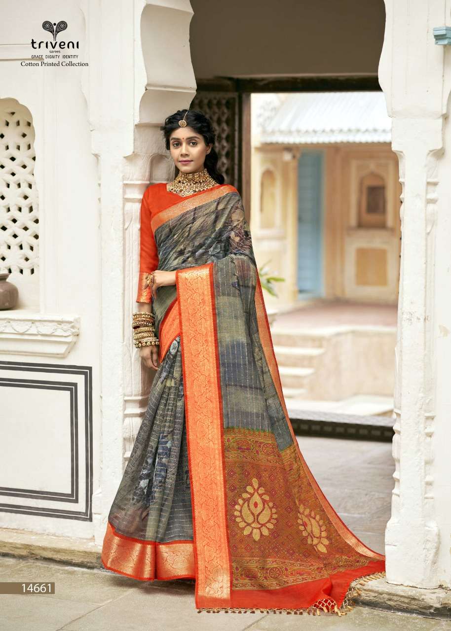 DWARIKA BY TRIVENI 14661 TO 14668 SERIES INDIAN TRADITIONAL WEAR COLLECTION BEAUTIFUL STYLISH FANCY COLORFUL PARTY WEAR & OCCASIONAL WEAR COTTON LINEN SAREES AT WHOLESALE PRICE