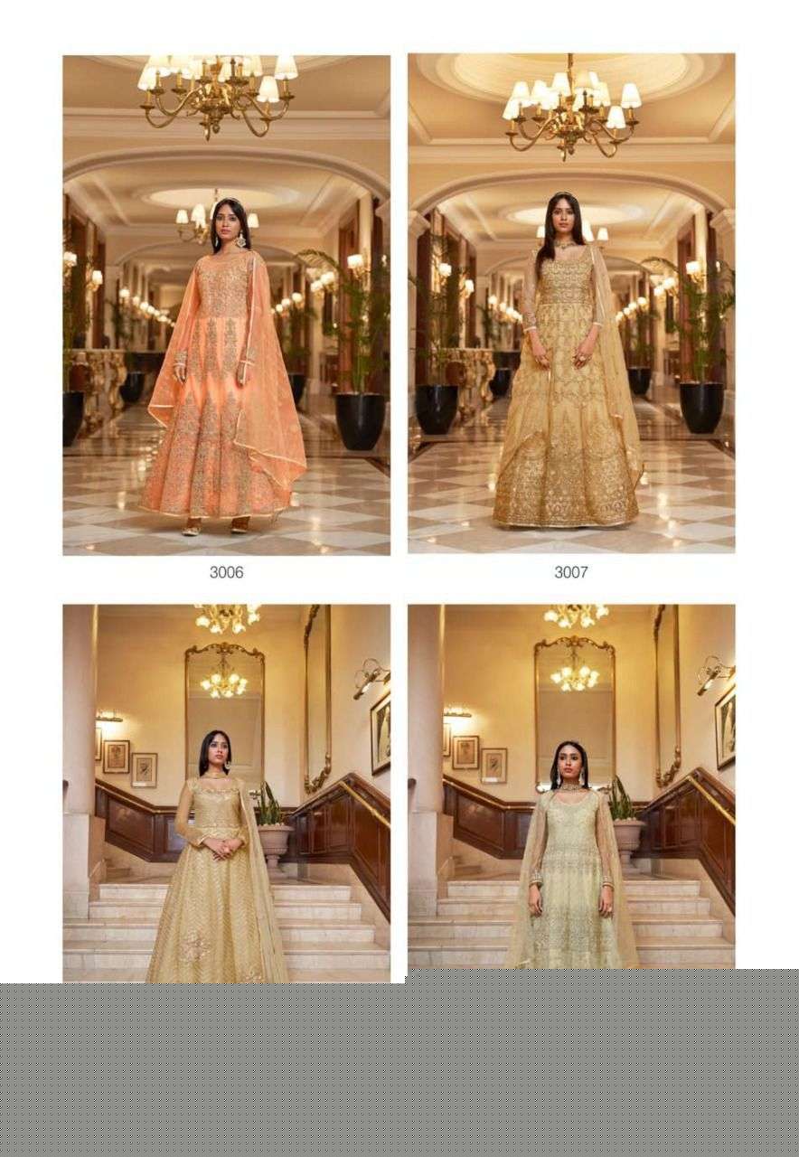 SABHYATA BY BELA FASHION 3007 TO 3012 SERIES BEAUTIFUL ANARKALI SUITS COLORFUL STYLISH FANCY CASUAL WEAR & ETHNIC WEAR NET EMBROIDERED DRESSES AT WHOLESALE PRICE