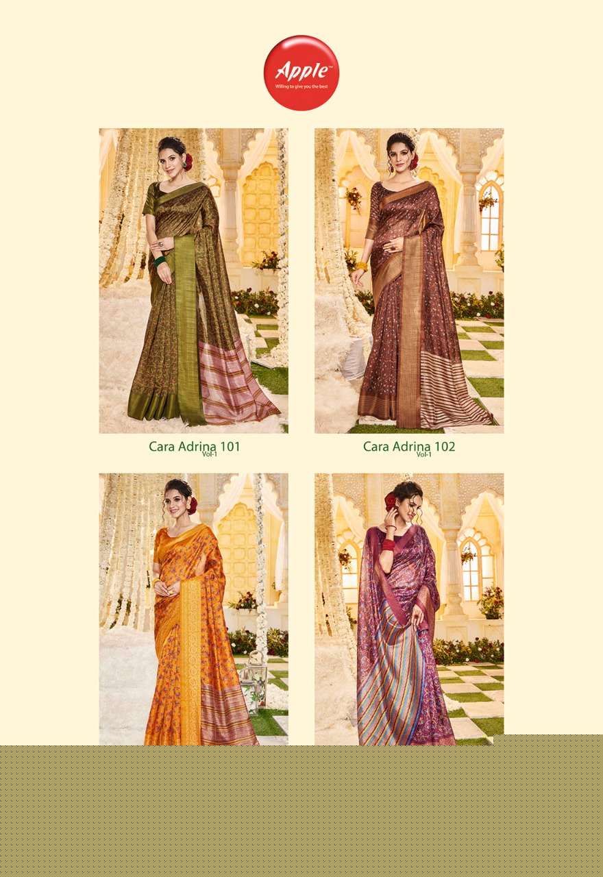 CARA ADRENA VOL-1 BY APPLE 101 TO 108 SERIES INDIAN TRADITIONAL WEAR COLLECTION BEAUTIFUL STYLISH FANCY COLORFUL PARTY WEAR & OCCASIONAL WEAR FANCY SAREES AT WHOLESALE PRICE