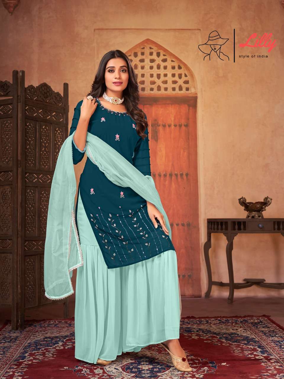 BENCHMARK BY LILLY 3001 TO 3002 SERIES BEAUTIFUL SHARARA SUITS COLORFUL STYLISH FANCY CASUAL WEAR & ETHNIC WEAR BLOOMING GEORGETTE DRESSES AT WHOLESALE PRICE