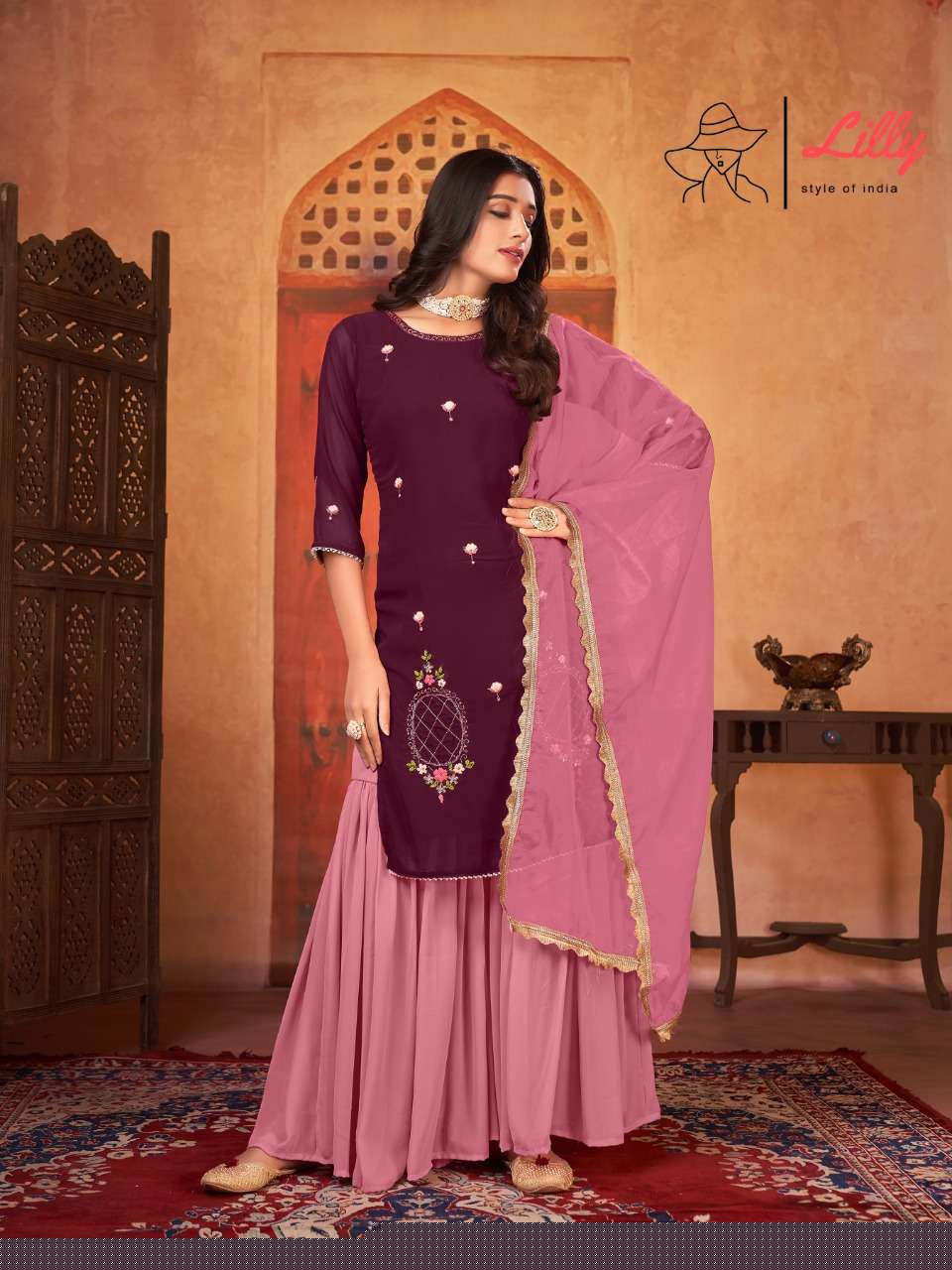 BENCHMARK BY LILLY 3001 TO 3002 SERIES BEAUTIFUL SHARARA SUITS COLORFUL STYLISH FANCY CASUAL WEAR & ETHNIC WEAR BLOOMING GEORGETTE DRESSES AT WHOLESALE PRICE