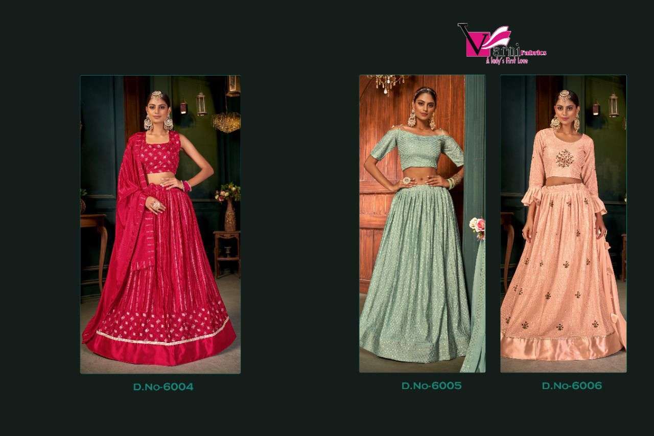 ZEEYA NADIRA BY VARNI FABRICS 6004 TO 6006 SERIES DESIGNER BEAUTIFUL NAVRATRI COLLECTION OCCASIONAL WEAR & PARTY WEAR CHINNON/HEAVY GEORGETTE LEHENGAS AT WHOLESALE PRICE