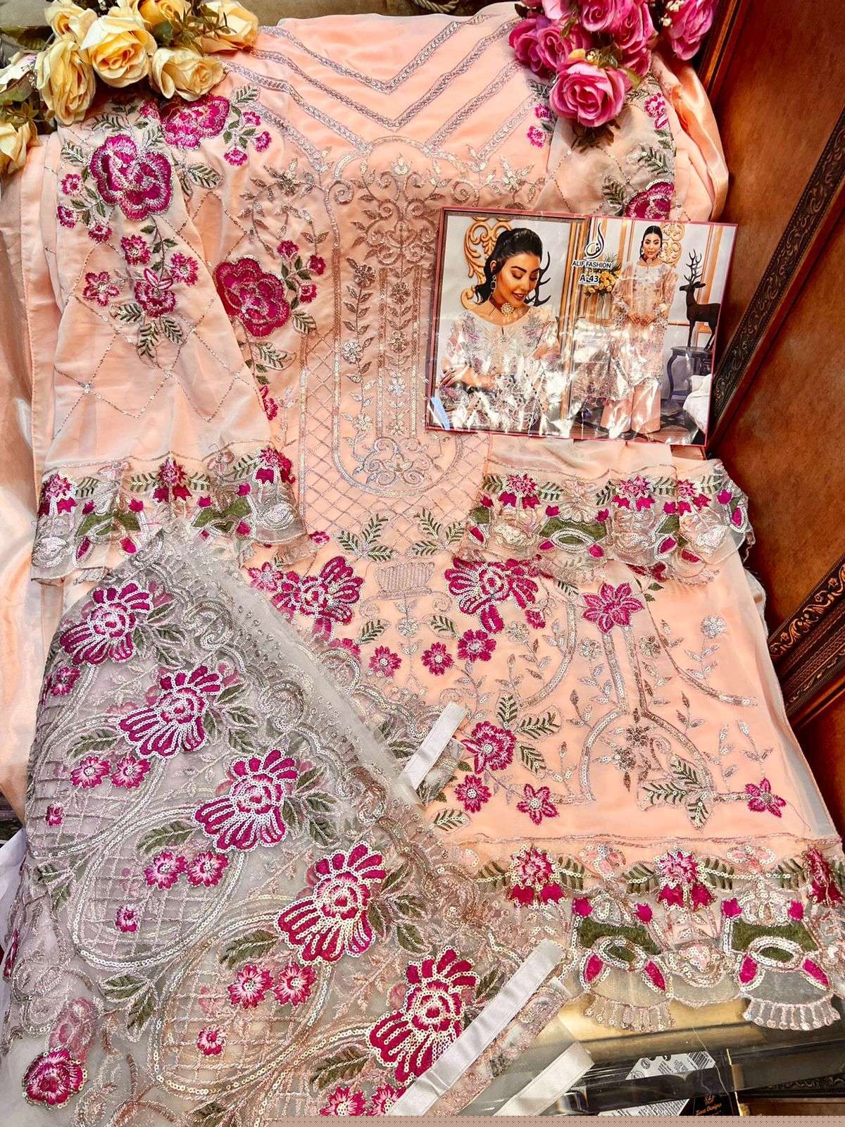 ALIF HIT DESIGN A-43 BY ALIF FASHION PAKISTANI SUITS BEAUTIFUL FANCY COLORFUL STYLISH PARTY WEAR & OCCASIONAL WEAR FAUX GEORGETTE EMBROIDERY DRESSES AT WHOLESALE PRICE