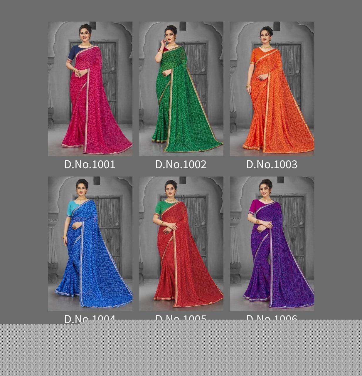BANDHEJ BY SHREE MATARAM 1001 TO 1006 SERIES INDIAN TRADITIONAL WEAR COLLECTION BEAUTIFUL STYLISH FANCY COLORFUL PARTY WEAR & OCCASIONAL WEAR GEORGETTE SAREES AT WHOLESALE PRICE