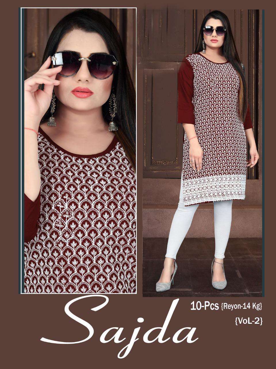 SAJDA BY BEAUTY QUEEN 001 TO 010 SERIES DESIGNER STYLISH FANCY COLORFUL BEAUTIFUL PARTY WEAR & ETHNIC WEAR COLLECTION RAYON WITH WORK KURTIS AT WHOLESALE PRICE