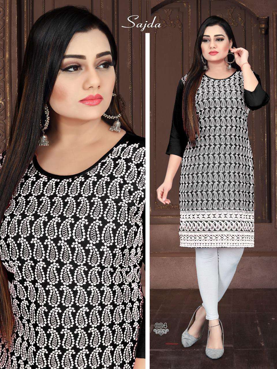 SAJDA BY BEAUTY QUEEN 001 TO 010 SERIES DESIGNER STYLISH FANCY COLORFUL BEAUTIFUL PARTY WEAR & ETHNIC WEAR COLLECTION RAYON WITH WORK KURTIS AT WHOLESALE PRICE