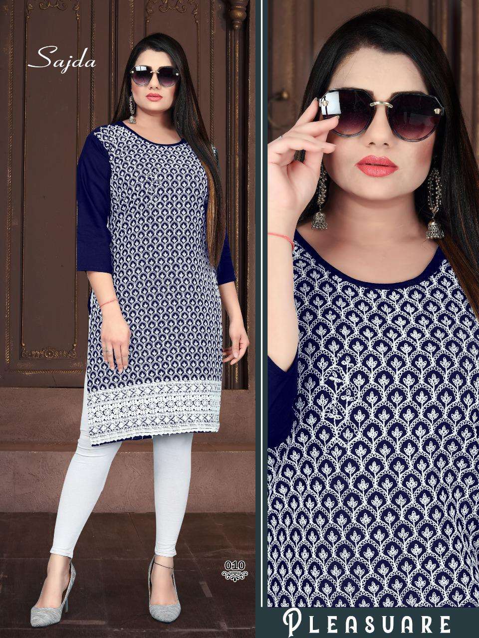 SAJDA BY BEAUTY QUEEN 001 TO 010 SERIES DESIGNER STYLISH FANCY COLORFUL BEAUTIFUL PARTY WEAR & ETHNIC WEAR COLLECTION RAYON WITH WORK KURTIS AT WHOLESALE PRICE