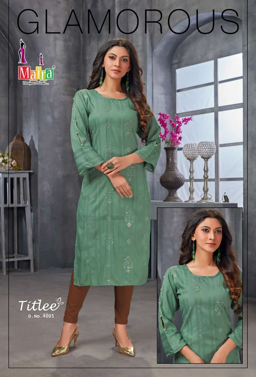 TITLEE VOL-4 BY MAIRA 4001 TO 4008 SERIES DESIGNER STYLISH FANCY COLORFUL BEAUTIFUL PARTY WEAR & ETHNIC WEAR COLLECTION HEAVY RAYON EMBROIDERY KURTIS AT WHOLESALE PRICE