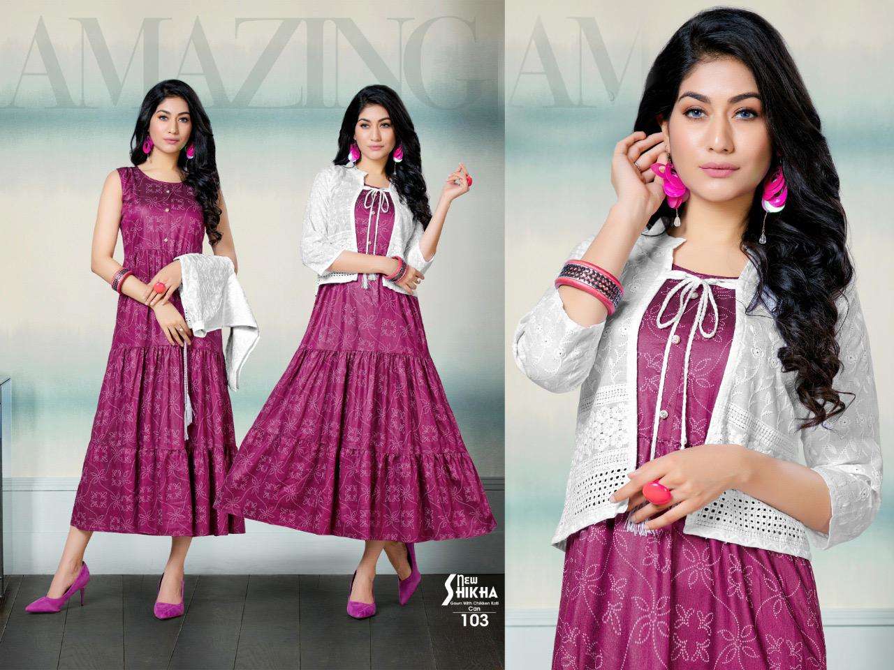 NEW SHIKHA BY BEAUTY QUEEN 101 TO 108 SERIES DESIGNER STYLISH FANCY COLORFUL BEAUTIFUL PARTY WEAR & ETHNIC WEAR COLLECTION RAYON KURTIS WITH JACKETS AT WHOLESALE PRICE