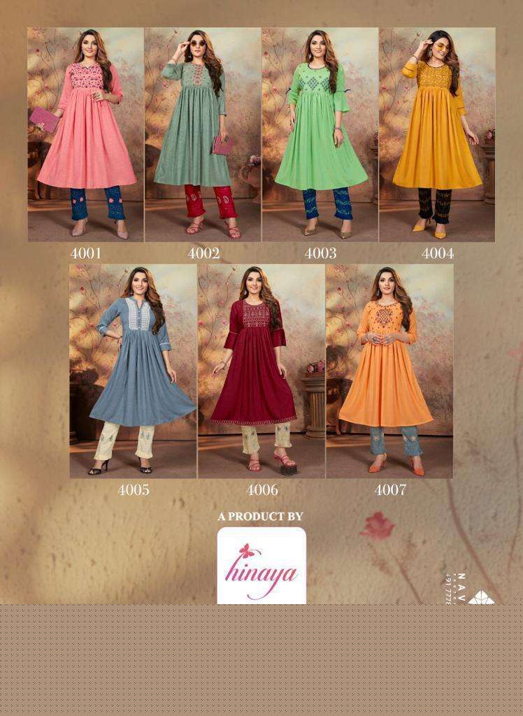AASMA VOL-4 BY HINAYA 4001 TO 4007 SERIES DESIGNER STYLISH FANCY COLORFUL BEAUTIFUL PARTY WEAR & ETHNIC WEAR COLLECTION RAYON WITH WORK KURTIS WITH BOTTOM AT WHOLESALE PRICE
