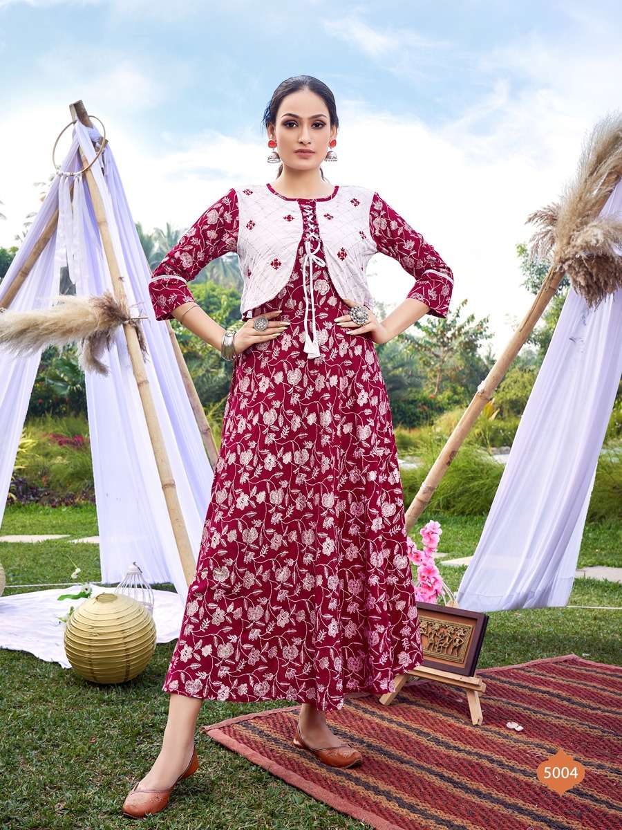 GOLDEN DUCK BY ART RIDDHS 5001 TO 5005 SERIES DESIGNER STYLISH FANCY COLORFUL BEAUTIFUL PARTY WEAR & ETHNIC WEAR COLLECTION RAYON PRINT KURTIS WITH JACKET AT WHOLESALE PRICE