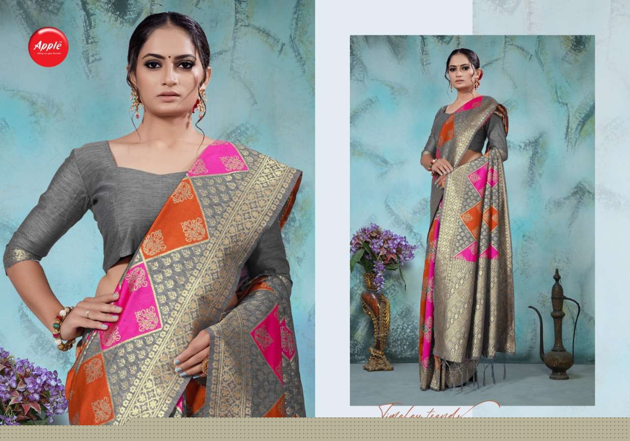 NAVIBHU VOL-5 BY APPLE 5001 TO 5009 SERIES INDIAN TRADITIONAL WEAR COLLECTION BEAUTIFUL STYLISH FANCY COLORFUL PARTY WEAR & OCCASIONAL WEAR HANDLOOM SILK SAREES AT WHOLESALE PRICE