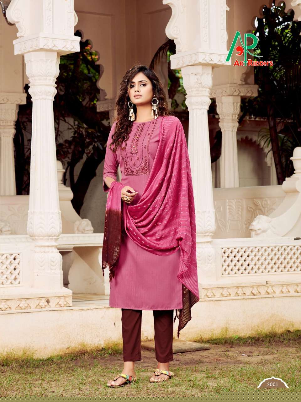RRR BY ART RIDDHS 5001 TO 5007 SERIES DESIGNER STYLISH FANCY COLORFUL BEAUTIFUL PARTY WEAR & ETHNIC WEAR COLLECTION COTTON EMBROIDERY KURTIS WITH DUPATTA AT WHOLESALE PRICE