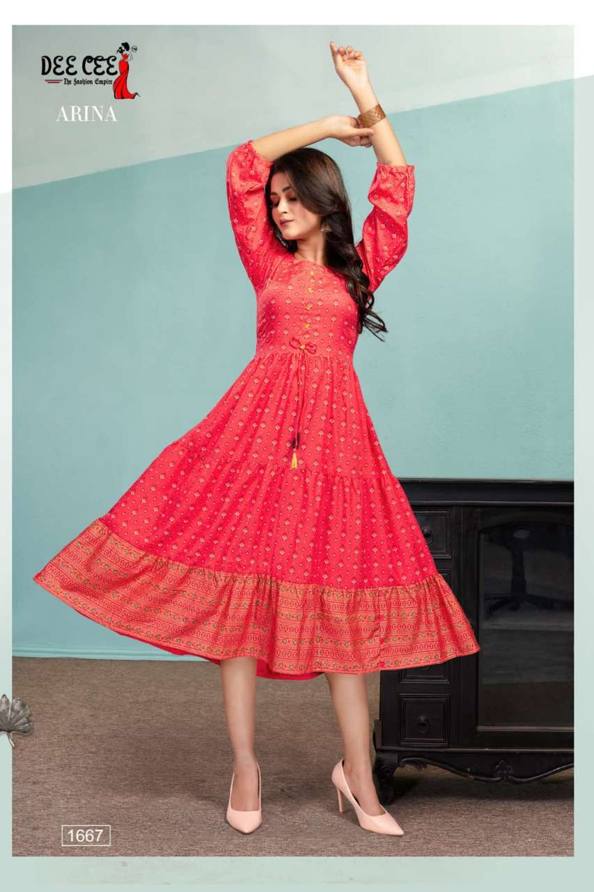 ARINA BY DEE CEE 1666 TO 1673 SERIES DESIGNER STYLISH FANCY COLORFUL BEAUTIFUL PARTY WEAR & ETHNIC WEAR COLLECTION RAYON KURTIS AT WHOLESALE PRICE