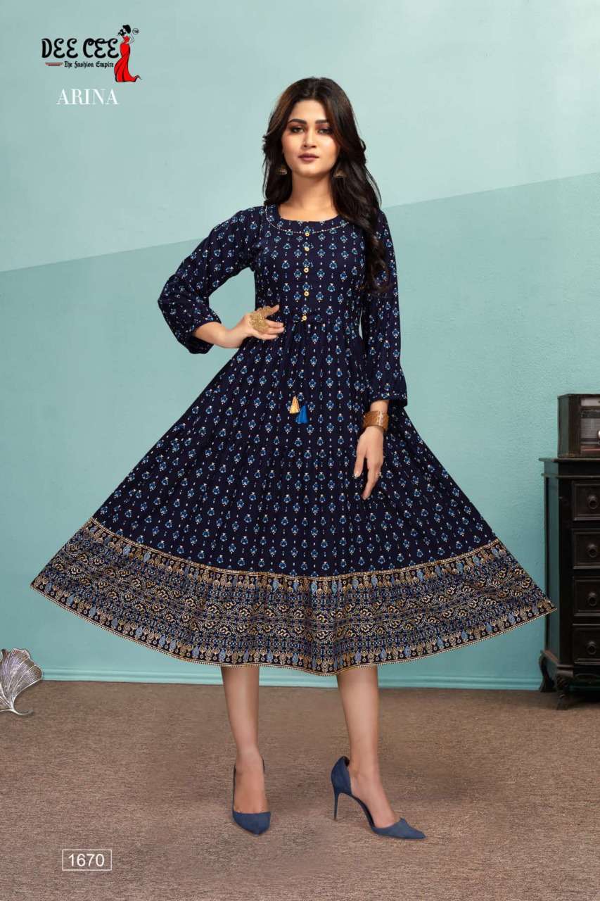 ARINA BY DEE CEE 1666 TO 1673 SERIES DESIGNER STYLISH FANCY COLORFUL BEAUTIFUL PARTY WEAR & ETHNIC WEAR COLLECTION RAYON KURTIS AT WHOLESALE PRICE