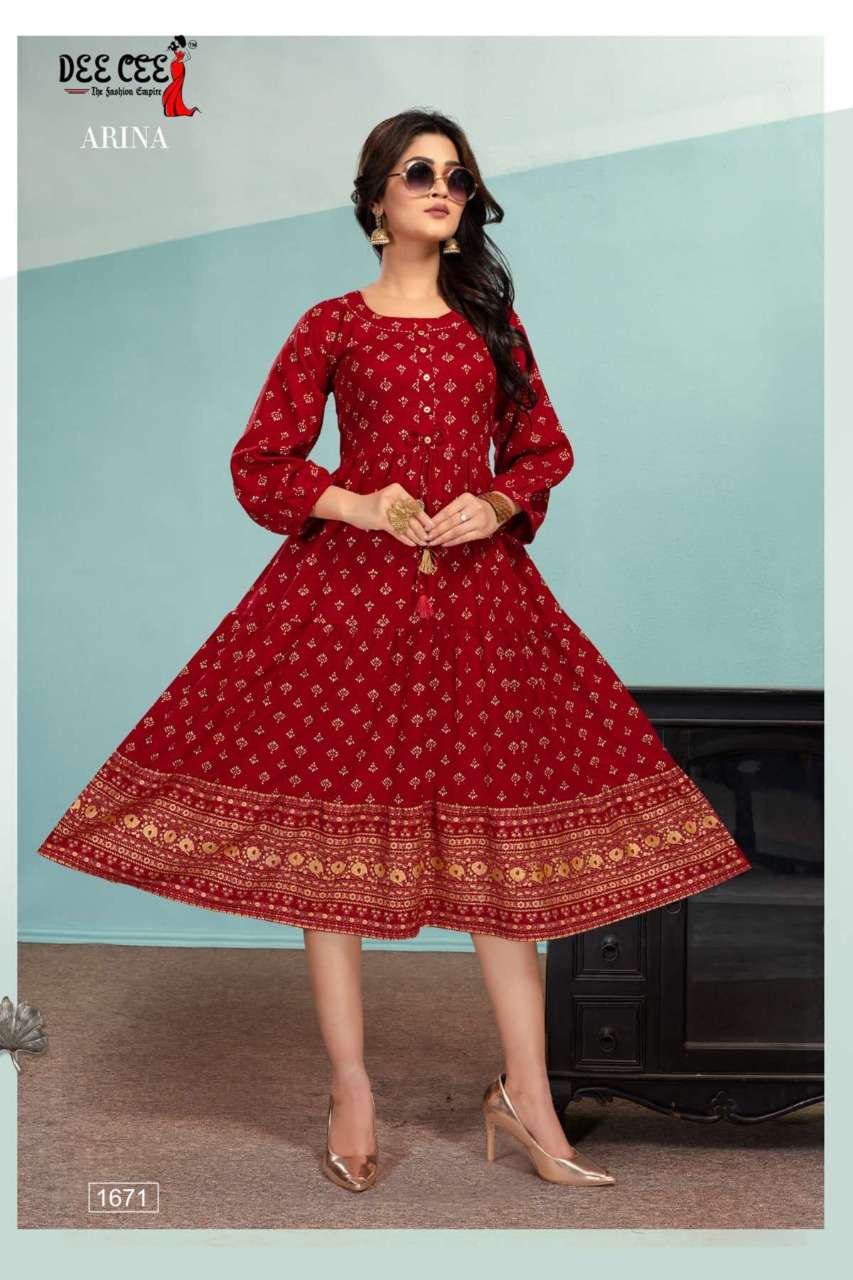 ARINA BY DEE CEE 1666 TO 1673 SERIES DESIGNER STYLISH FANCY COLORFUL BEAUTIFUL PARTY WEAR & ETHNIC WEAR COLLECTION RAYON KURTIS AT WHOLESALE PRICE