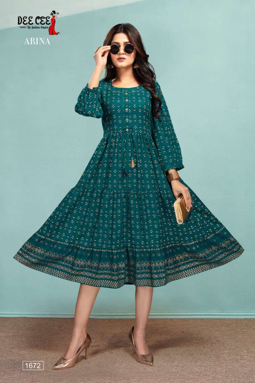 ARINA BY DEE CEE 1666 TO 1673 SERIES DESIGNER STYLISH FANCY COLORFUL BEAUTIFUL PARTY WEAR & ETHNIC WEAR COLLECTION RAYON KURTIS AT WHOLESALE PRICE