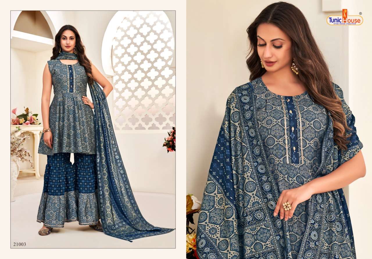 HERLIN VOL-2 BY TUNIC HOUSE 21001 TO 21006 SERIES BEAUTIFUL SHARARA SUITS COLORFUL STYLISH FANCY CASUAL WEAR & ETHNIC WEAR MUSLIN SILK DIGITAL PRINT DRESSES AT WHOLESALE PRICE
