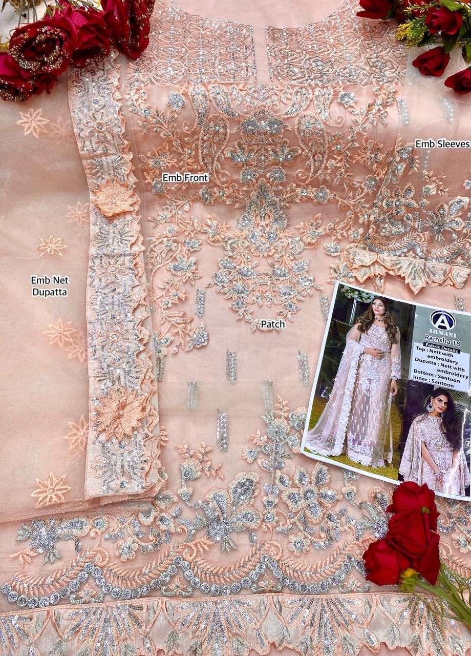 RAMSHA 18 BY ARMANI PAKISTANI SUITS BEAUTIFUL FANCY COLORFUL STYLISH PARTY WEAR & OCCASIONAL WEAR BUTTERFLY NET EMBROIDERY DRESSES AT WHOLESALE PRICE