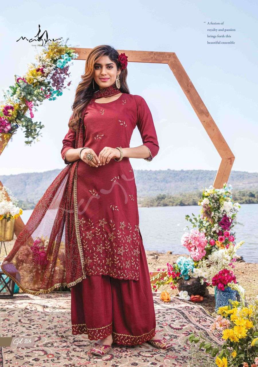 GLOBAL DESI VOL-2 BY MAYUR 201 TO 206 SERIES BEAUTIFUL SHARARA SUITS COLORFUL STYLISH FANCY CASUAL WEAR & ETHNIC WEAR HEAVY CHINNON DRESSES AT WHOLESALE PRICE
