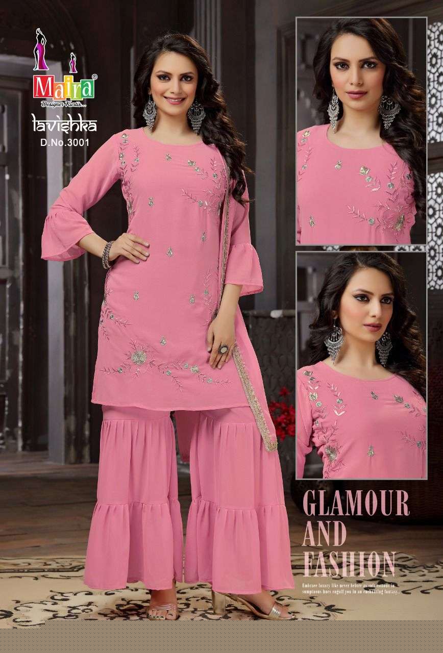LAVISHKA VOL-3 BY MAIRA 3001 TO 3006 SERIES BEAUTIFUL SHARARA SUITS COLORFUL STYLISH FANCY CASUAL WEAR & ETHNIC WEAR HEAVY BLOOMING GEORGETTE DRESSES AT WHOLESALE PRICE