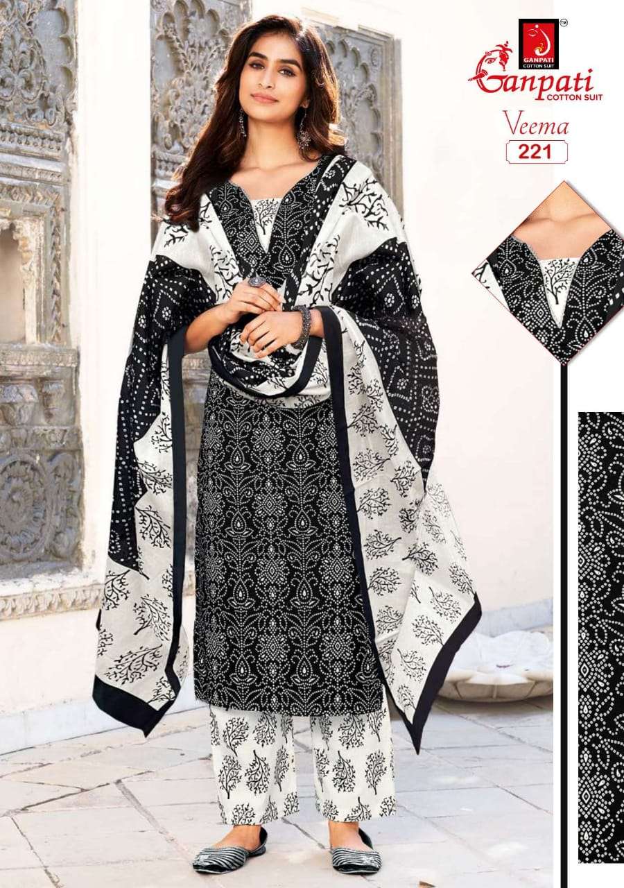 VEEMA BY GANPATI COTTON SUIT 216 TO 230 SERIES BEAUTIFUL STYLISH SUITS FANCY COLORFUL CASUAL WEAR & ETHNIC WEAR & READY TO WEAR PURE COTTON DRESSES AT WHOLESALE PRICE